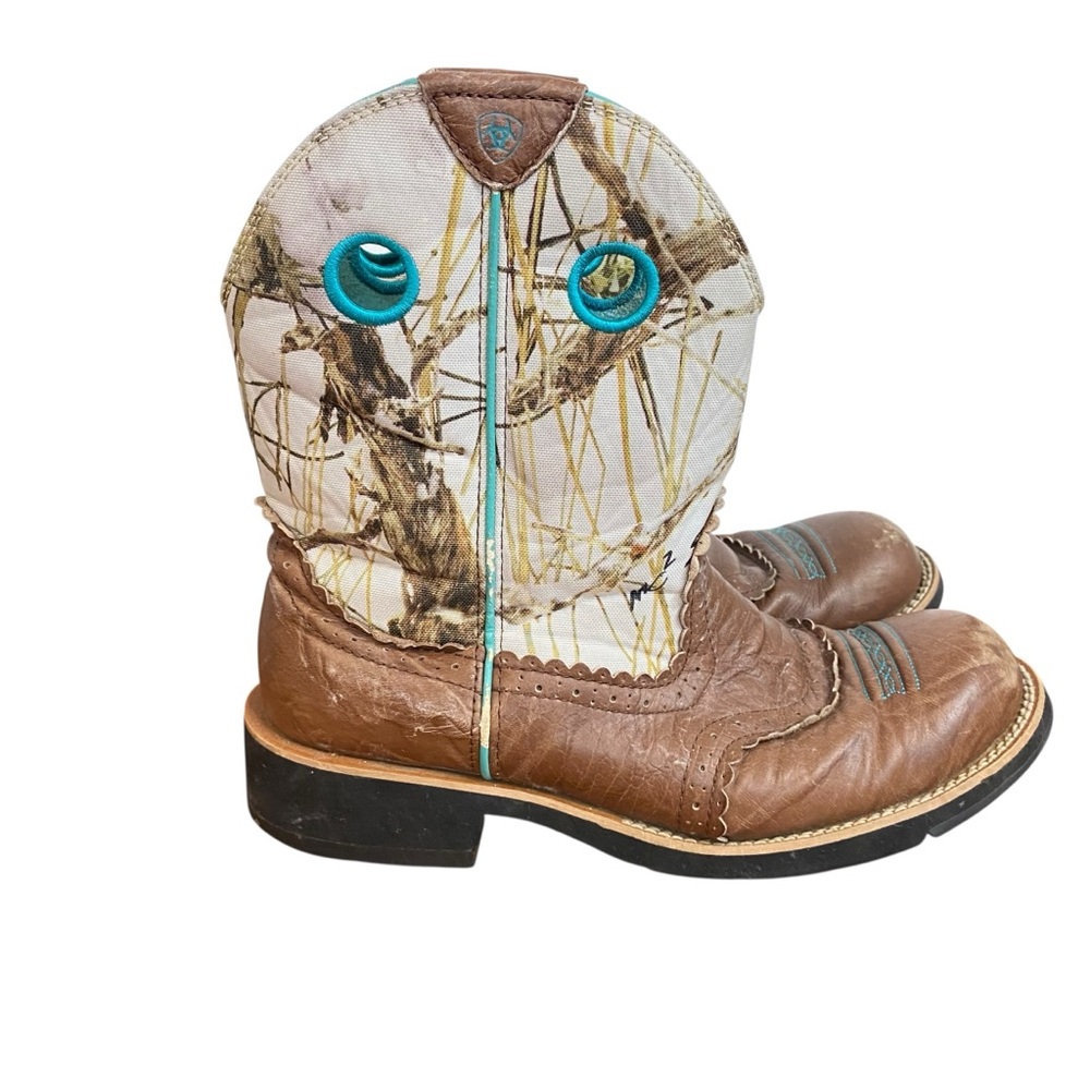 ARIAT Women 11B True Timber Snow Camo Brown Leather Shortie Cowboy Boots Fatbaby